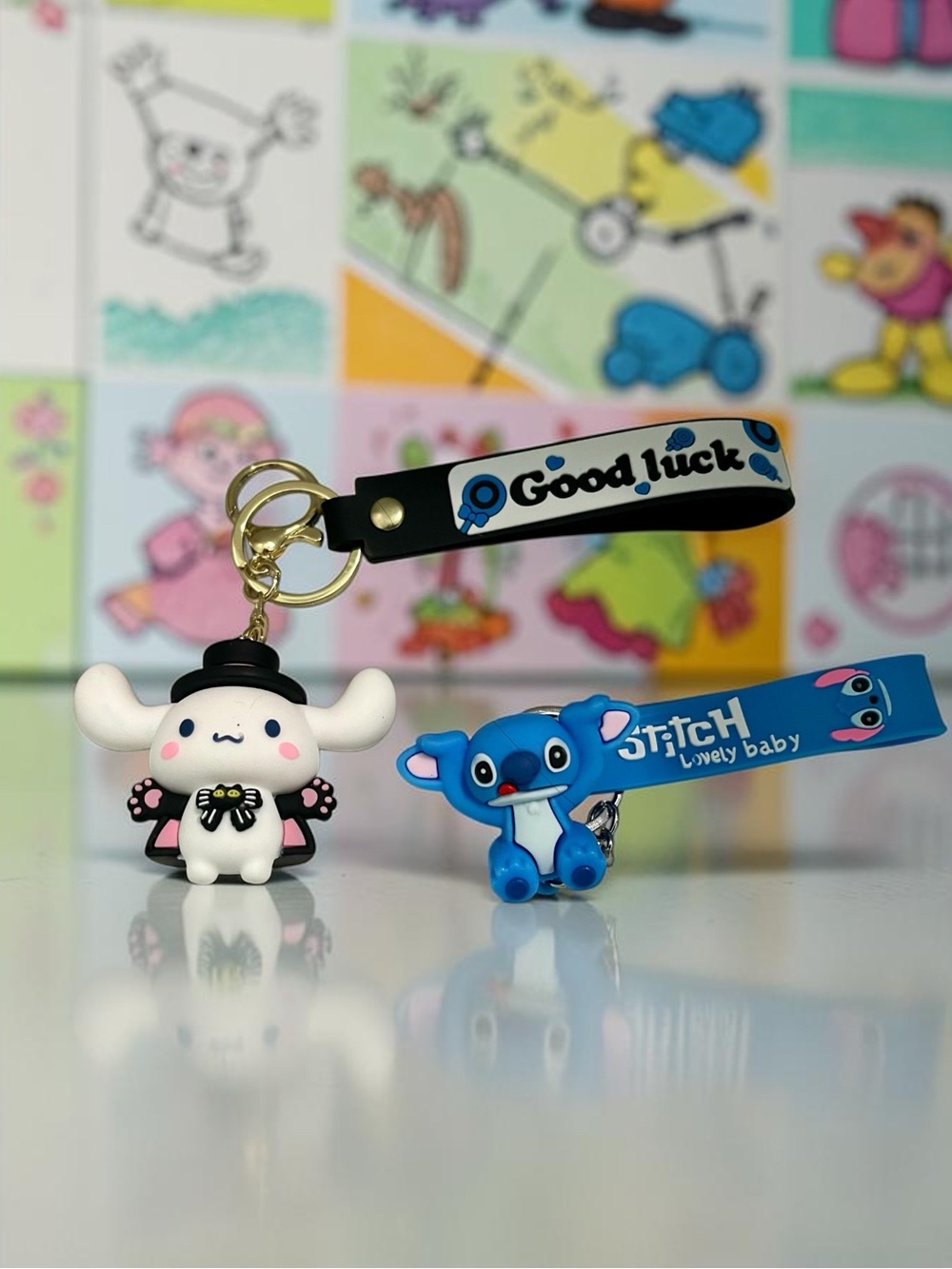 Cinnamon roll and stitch bag charm keychains